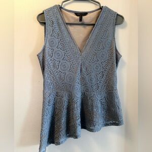 BCBGMaxAzria Dusty Blue Lace Peplum Asymmetrical Hem Top